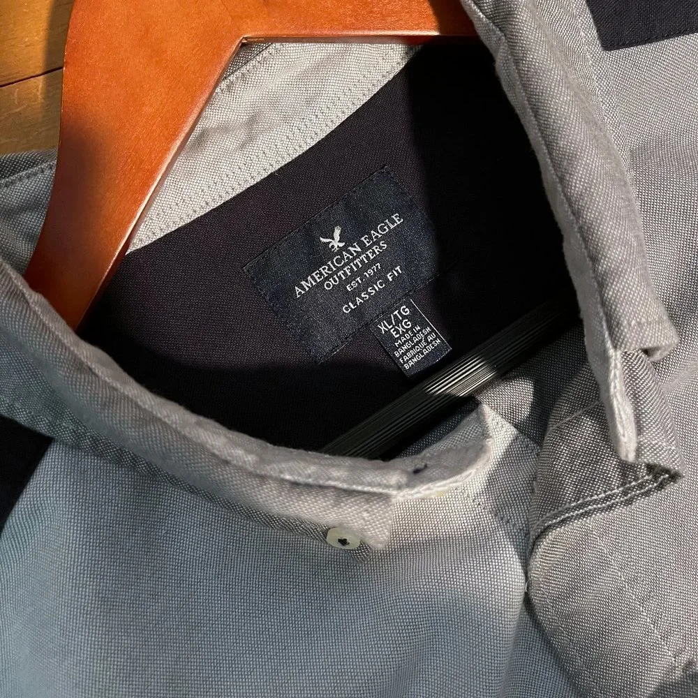 American Eagle Men’s Blue/Grey Color Block Shirt